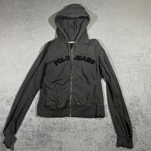 Y2k Polo Ralph Lauren Zip Up Hoodie Black/Gray Women's Size Small Distress #1935